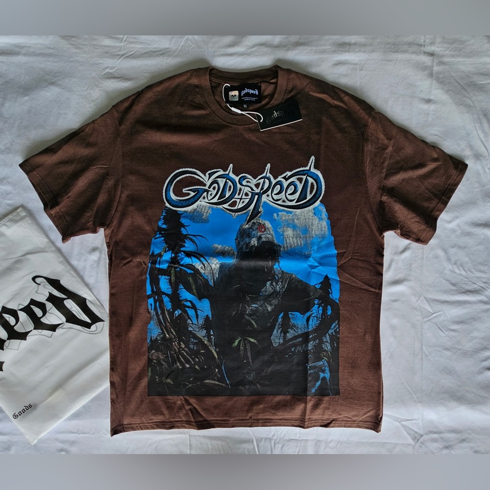 Godspeed Brown Graphic Tee - Men's Brown Shirt with Blue Print